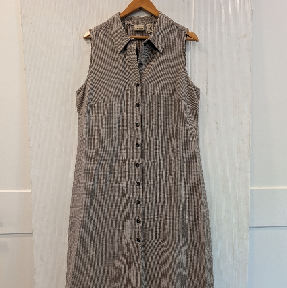 L.L. BEAN Brown Tan Houndstooth Button Front Midi Sleeveless Shirt Dress Size 14 - Picture 3 of 9